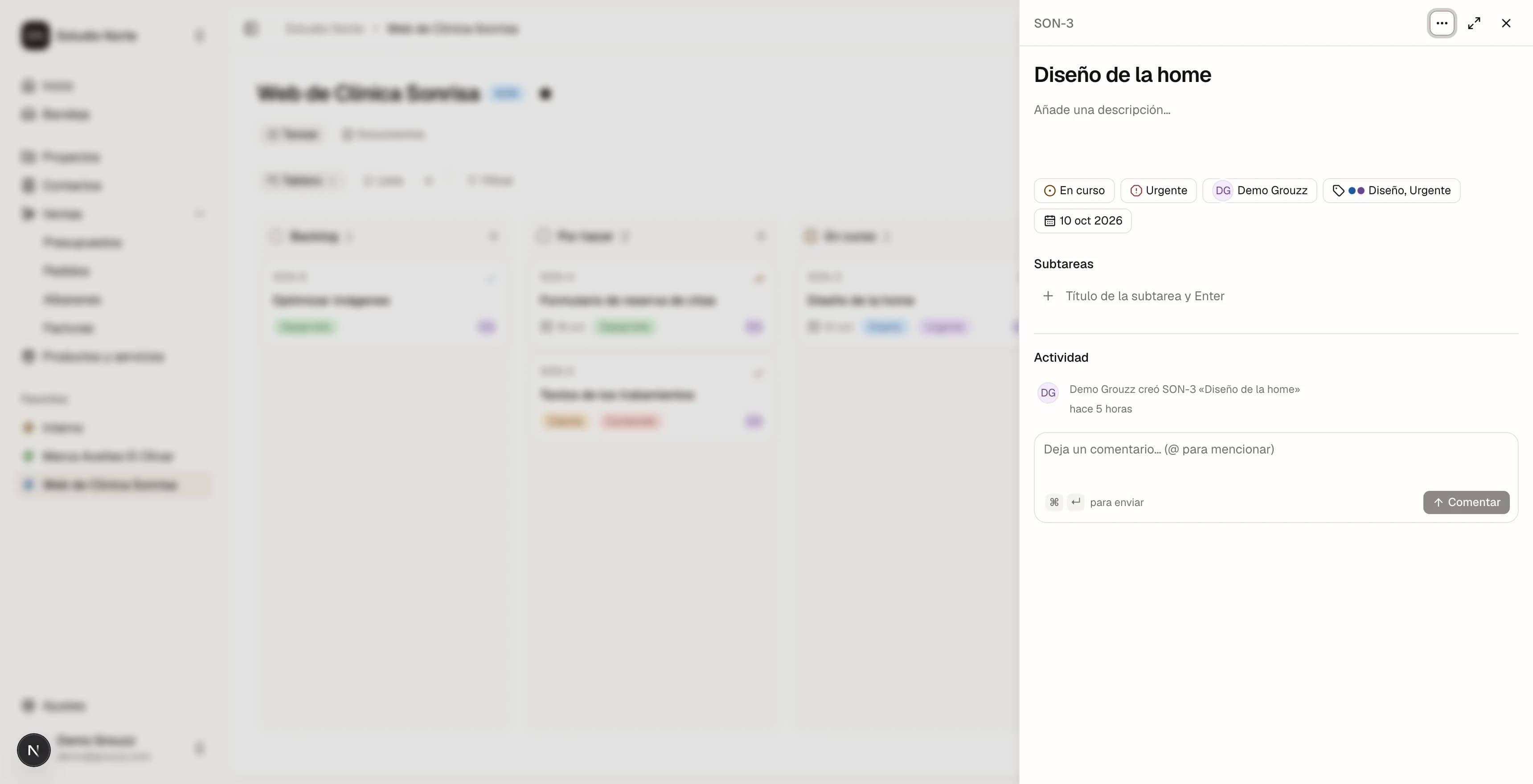 Ficha de una tarea con su actividad en Grouzz